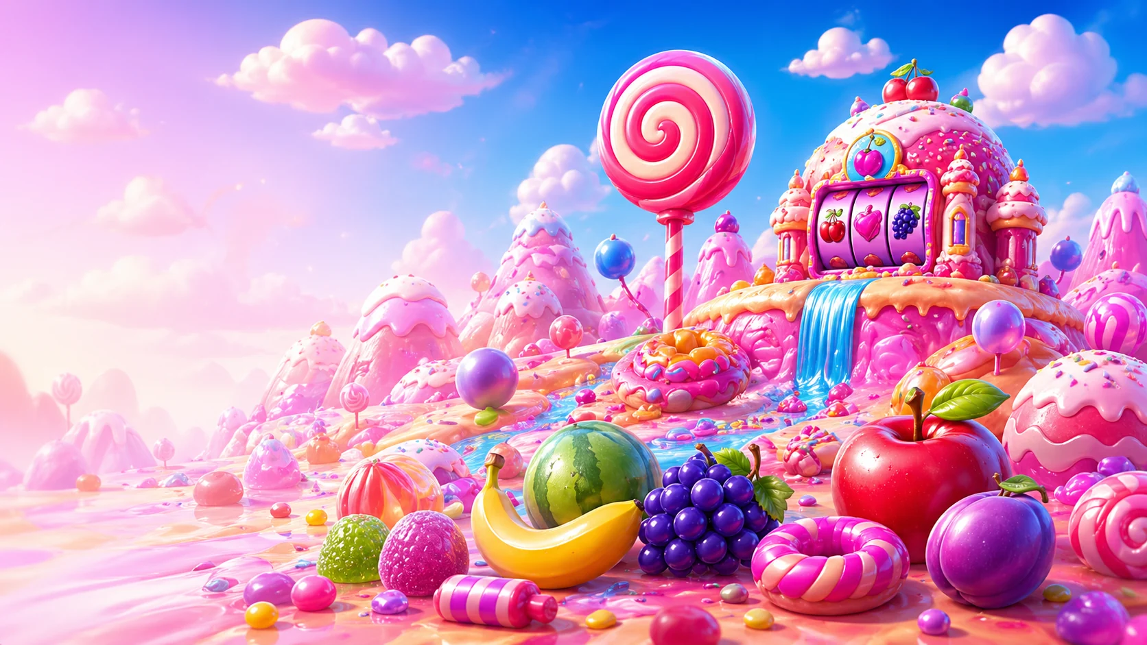 Εικονογράφηση Sweet Bonanza με candy-land σκηνή και φρούτα